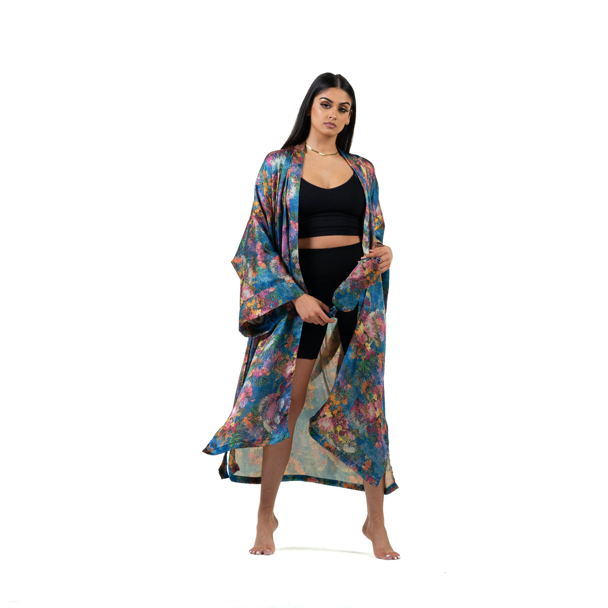 Natalie Anderson royal blue brush stroke floral motif satin loungewear kimono and coordinating eye mask