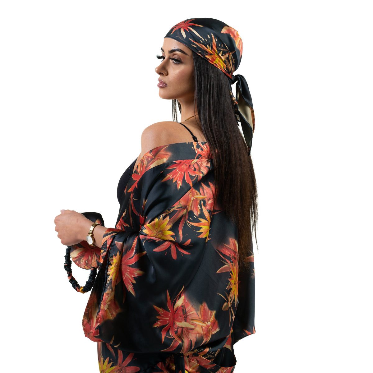 Natalie Anderson Black orange yellow floral motif satin hair scarf, lounge wear kimono and eye mask