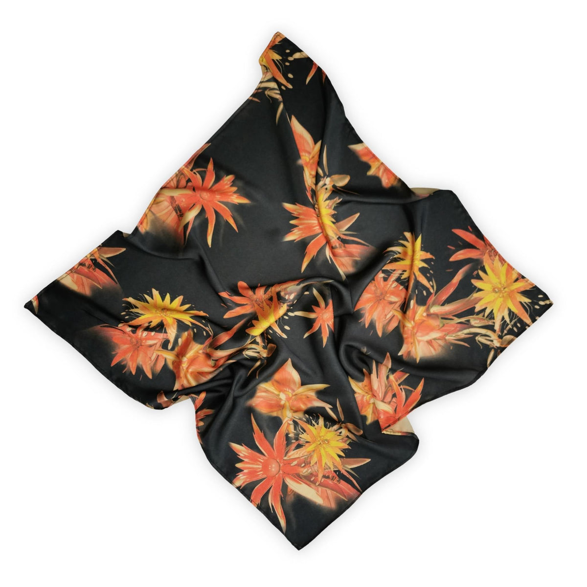 Natalie Anderson Black orange yellow floral motif satin hair scarf