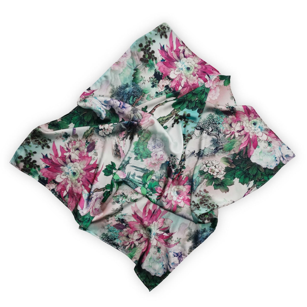 Natalie Anderson satin mint green and pink floral motif scarf