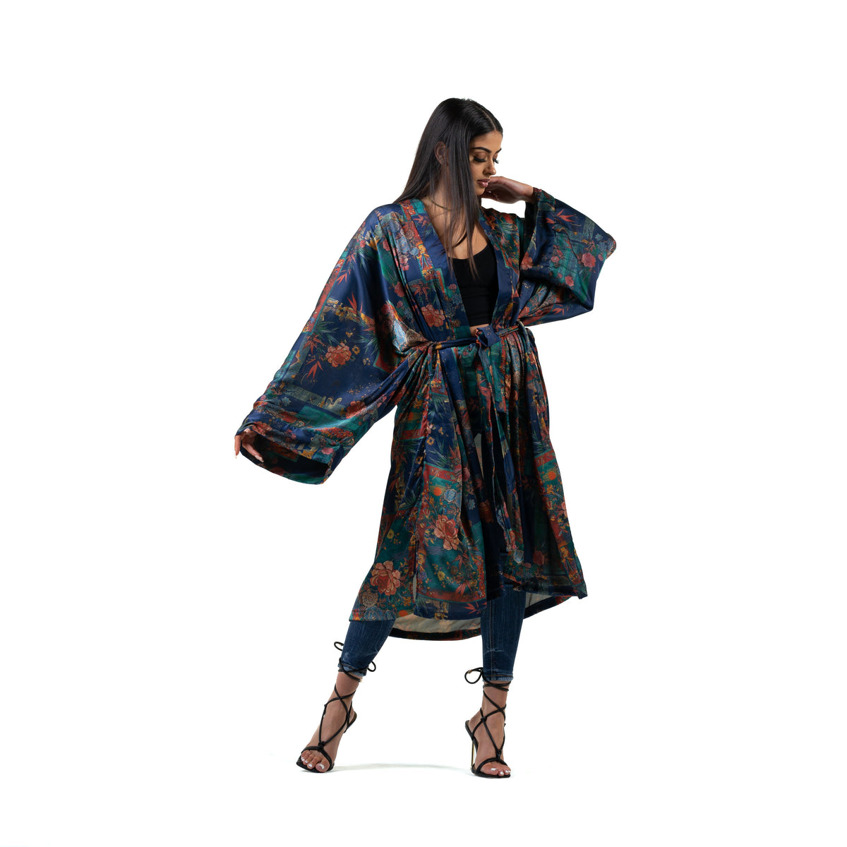Natalie Anderson Navy liquid satin kimono with bamboo and Chrysanthemum print - model front view belt tied