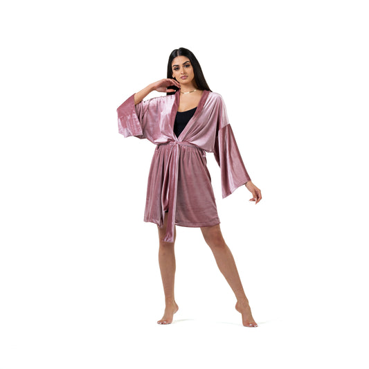 Natalie Anderson handmade velvet Robe with tie closure, blush pink - front model view