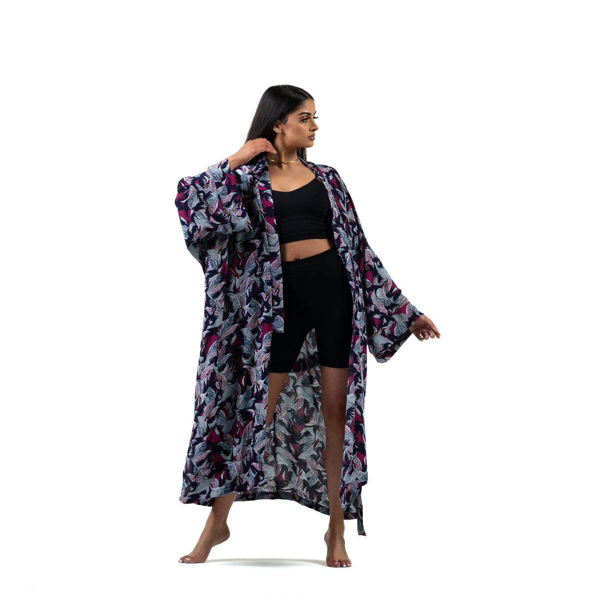 Natalie Anderson Crane print Viscose Kimono, Navy, grey and pink detailing , full sleeves with belt - model full front view