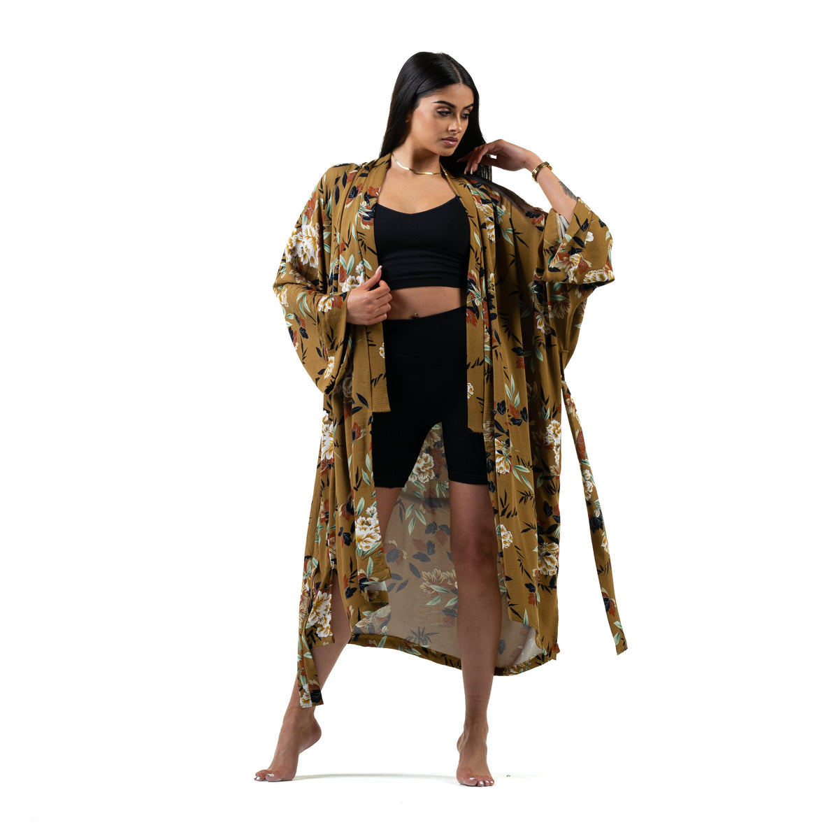 Natalie Anderson Chrysanthemum Kimono in tobacco - model front view loungewear
