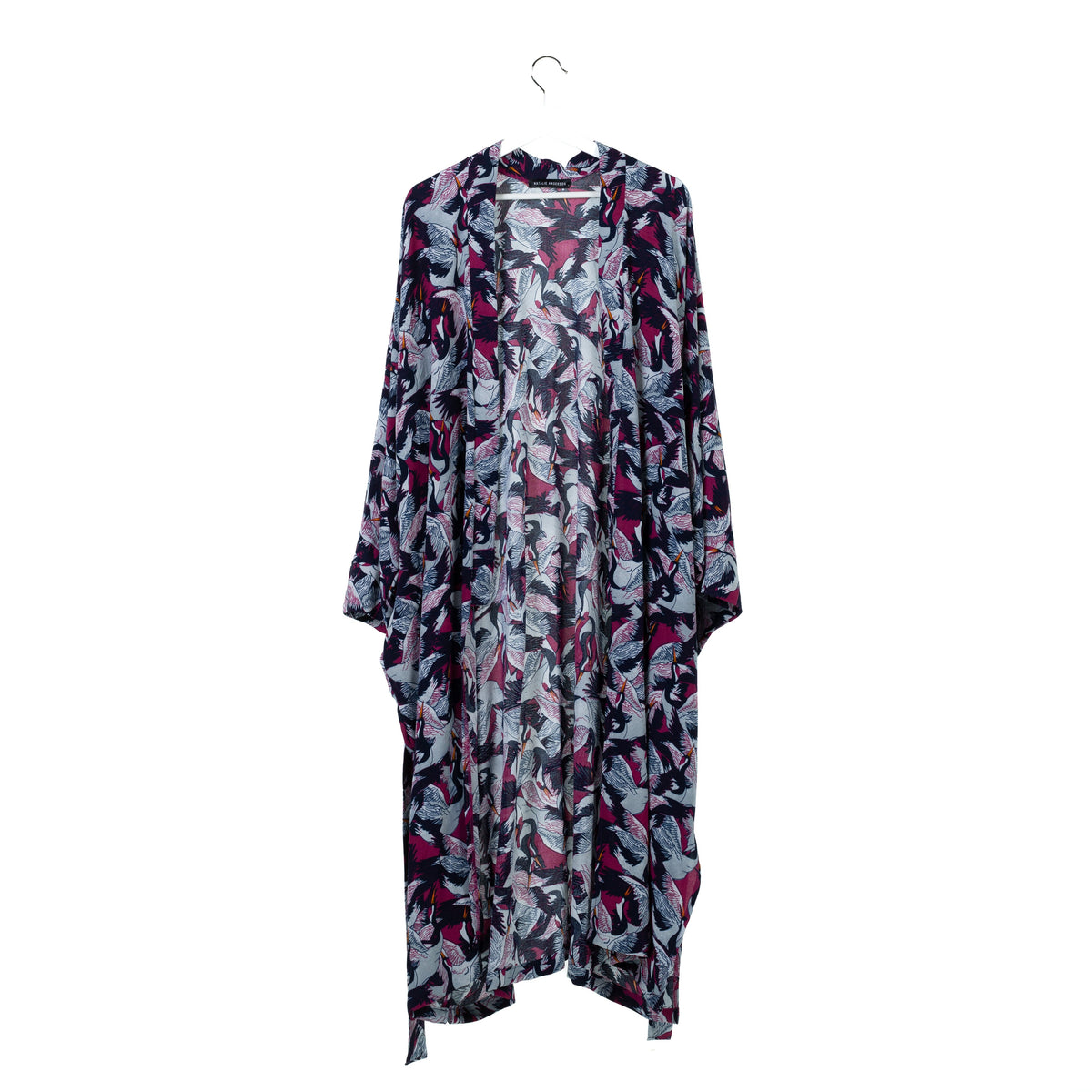 Natalie Anderson Crane print Viscose Kimono, Navy, grey and pink detailing , full sleeves with belt - front view