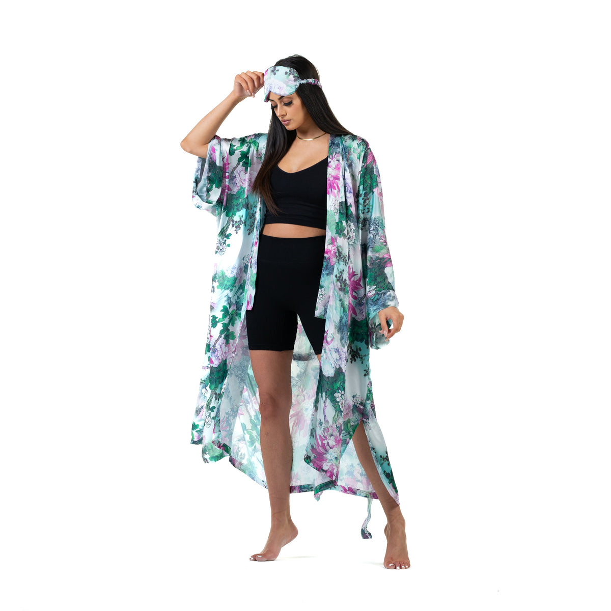 Natalie Anderson satin mint green and pink floral motif coordinating eye mask and loungewear kimono