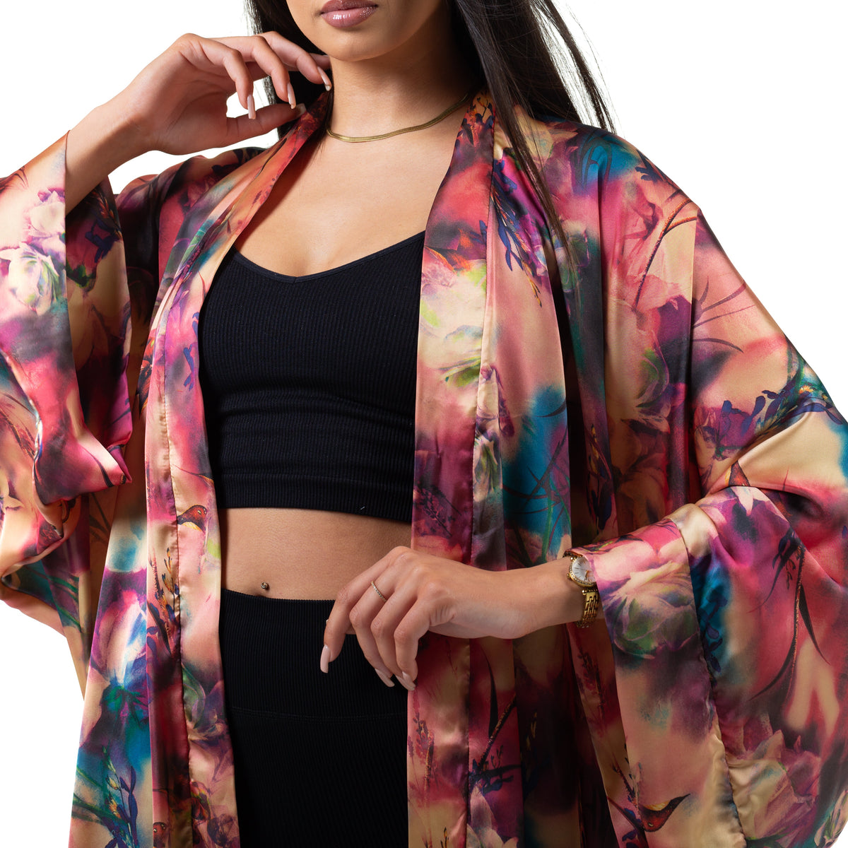 Natalie Anderson satin sunset kimono in orange, pink, nude and teal - close up