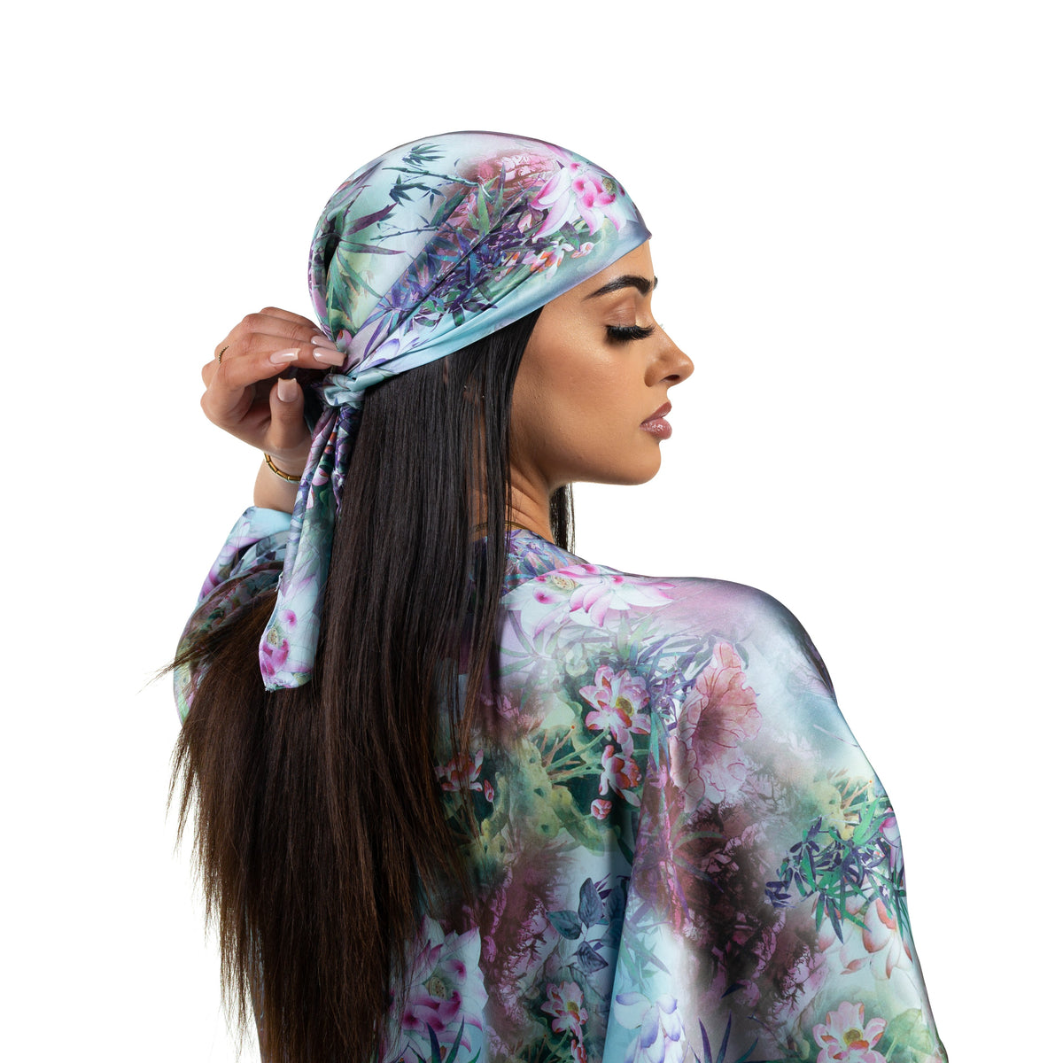 Natalie Anderson light blue water lily print satin scarf and loungewear kimono