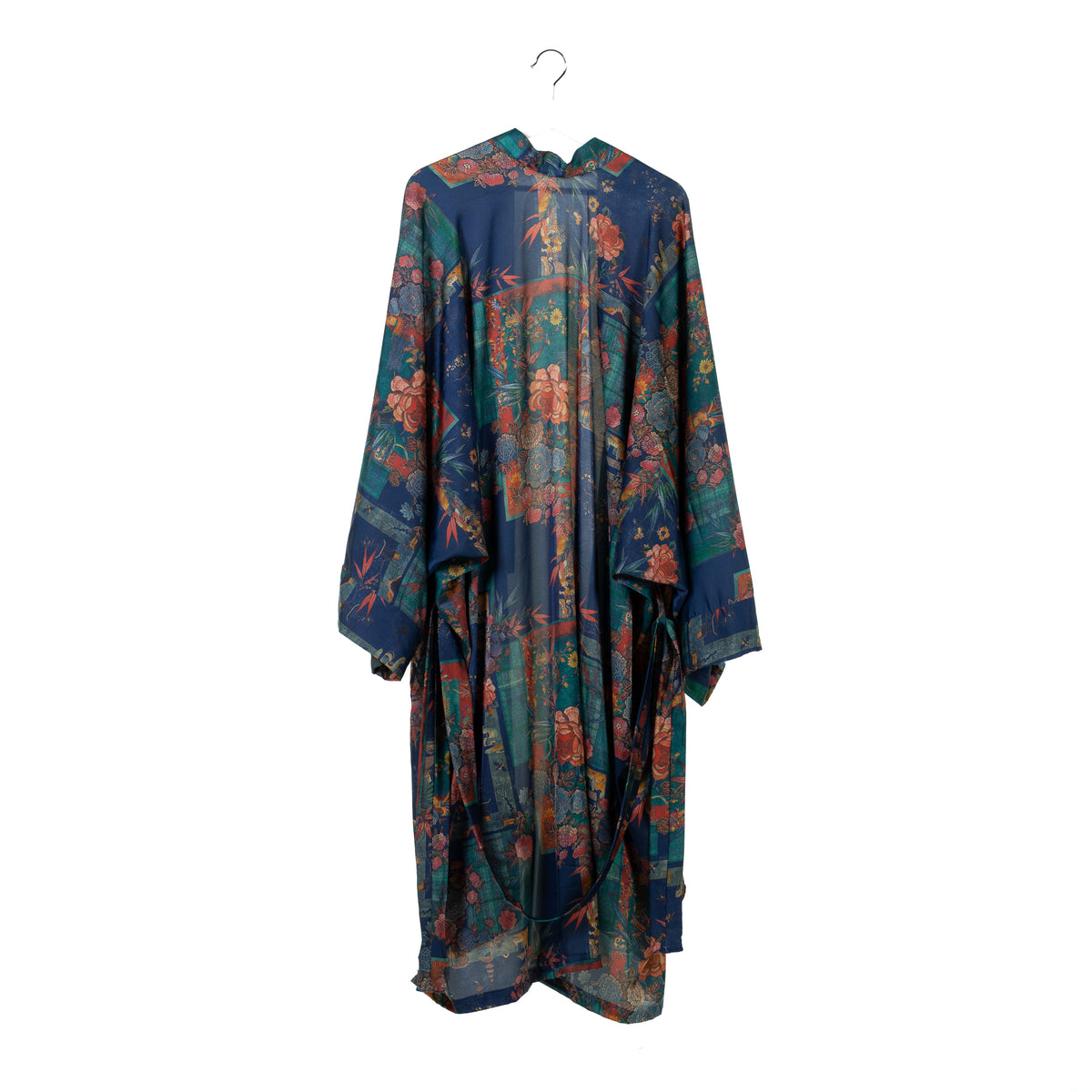 Natalie Anderson Navy liquid satin kimono with bamboo and Chrysanthemum print - back view